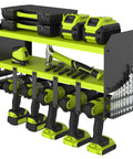 Power Tool Organizer With Five Drill Holders And Wall Mount Shelf featuring drills, tool storage, and charging station in green steel.