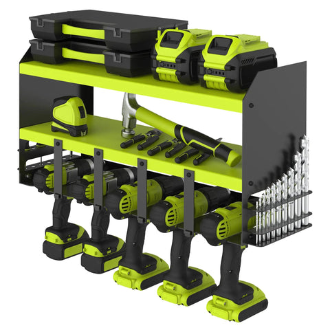 Power Tool Organizer With Five Drill Holders And Wall Mount Shelf featuring drills, tool storage, and charging station in green steel.