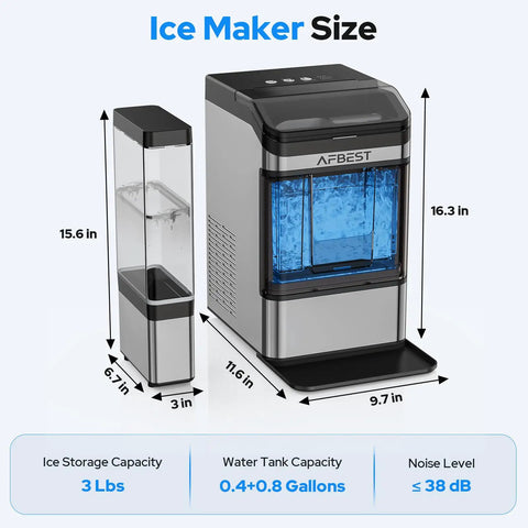 Product image showing dimensions of portable countertop nugget ice maker cranking out thirty-eight pounds fast of chewable soft ice.