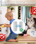 4 Pack No Drill Magnetic Cabinet Latches preventing child and cat access to kitchen drawer and closet with locked example.