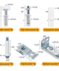 Bifold Door Hardware Repair Kit, 2-Pack Bifold Closet Door Hardware Kit components, including pivots, brackets, and guide wheel with measurements.