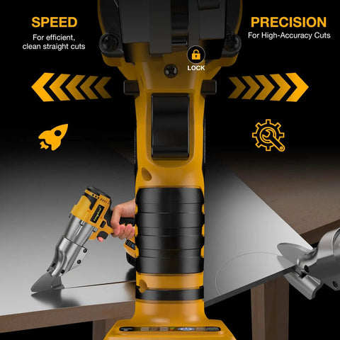 Cordless Metal Shears for 20V Max 14GA Cutter That Eats Sheet Metal Leather and Carpet with pivoting head shown cutting metal