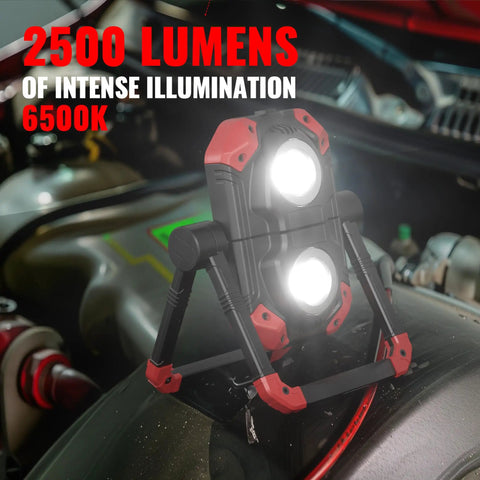 2Pack Rechargeable LED Work Light With Magnetic Bases, 2500LM 6500K Cool White, shown illuminating under car hood