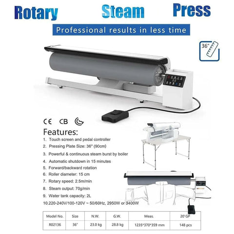 Commercial Grade Rotary Steam Iron With Massive 36 Inch Roller And Continuous Steam Generator for quick wrinkle removal.