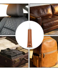 Seamless Leather Scratch Repair Balm For Restoring Faded Cracks And Scuffs Glossy Finish Multi Function Recoloring Conditioner Paste with images of leather furniture, car seat, and accessories.