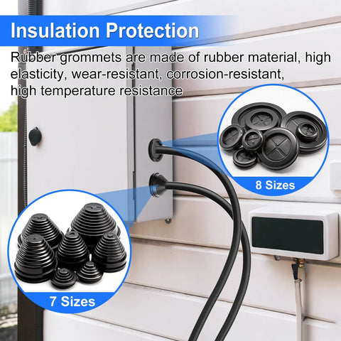 15 Sizes Rubber Grommet Kit With Knife, Round and Tower Shaped for Auto, Truck, Electrical Panel Protection shown with cables