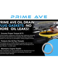 Prime Ave sign with text about oil drain plug gaskets and image of 14mm Aluminum Oil Drain Plug Gasket Crush Washer For Leak Proof Sealing Built To Last.