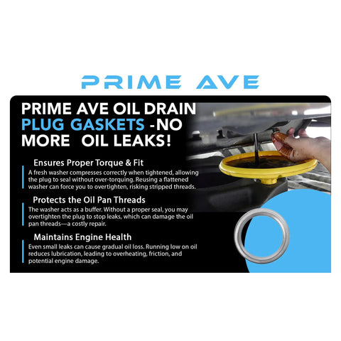 Prime Ave sign with text about oil drain plug gaskets and image of 14mm Aluminum Oil Drain Plug Gasket Crush Washer For Leak Proof Sealing Built To Last.