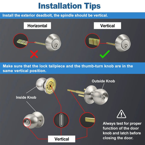 Installation guide for Keyed Alike Exterior Door Knob And Deadbolt Combo Set, showing vertical spindle alignment and knob positions.