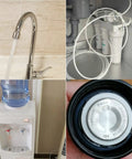 Composite image showing a kitchen faucet, plumbing hoses with filters, a water dispenser, and a bottle cap close-up.
