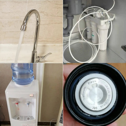 Composite image showing a kitchen faucet, plumbing hoses with filters, a water dispenser, and a bottle cap close-up.