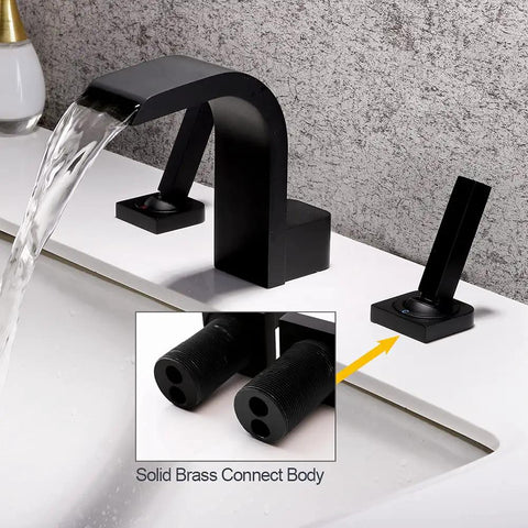 8 Inch Waterfall Bathroom Faucet For Sink, Widespread 3 Hole Lavatory Tap With High Arc Basin Mixer, Matte Black Sleek Two Handle