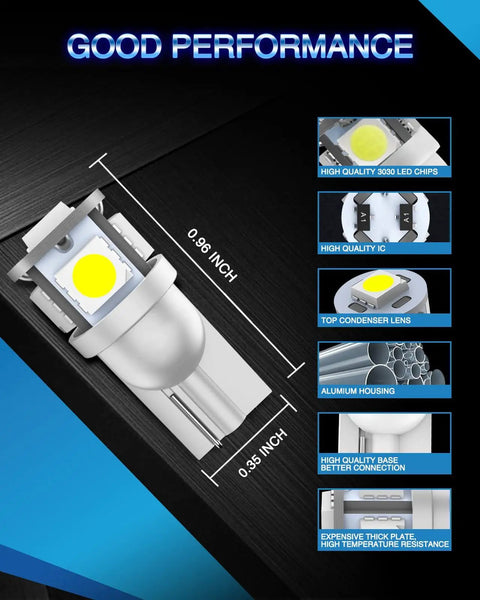 Upgrade Your Ride With 194 LED Bulbs Pack Of 10 6000K White T10 2825 W5W 5SMD diagram showing bulb dimensions and features
