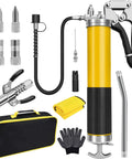 Front view: yellow 7000 PSI grease gun with 18-inch resin hose, double-handle coupler, adapters, case.