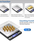 Pro Grade Jewelry Scale 500G By 0.01G Digital Gold Scale with gold bars and beads, tare and counting functions displayed.