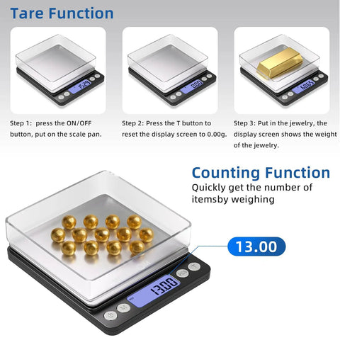 Pro Grade Jewelry Scale 500G By 0.01G Digital Gold Scale with gold bars and beads, tare and counting functions displayed.
