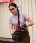 Person using a drill with 50pc 5.0 x 50mm Pozi Countersunk Wood Screws Set, Zinc Yellow Plated Durable and Heavy Duty