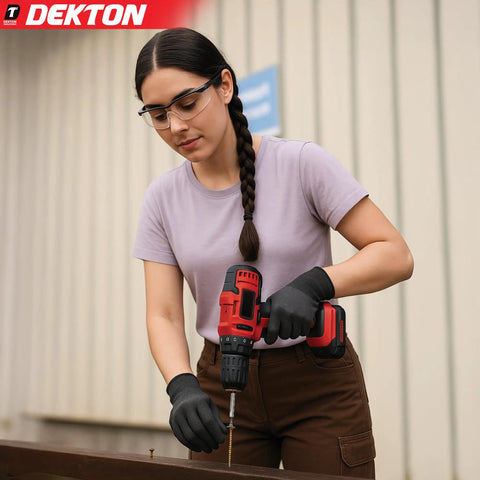 Person using a drill with 50pc 5.0 x 50mm Pozi Countersunk Wood Screws Set, Zinc Yellow Plated Durable and Heavy Duty