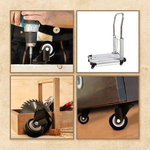 12 Pack Swivel 2 Inch Caster Wheels With Rubber Base Top Plate And Dual Ball Bearings Beefed Up Heavy Duty Casters Without Brakes Smooth Roll 150+ Lb Per Wheel Plate 1.9 X 2.7 Inches shown in use on carts and workbenches