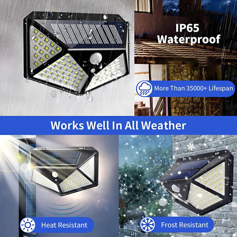 Solar Outdoor Security Lights With Motion Sensor IP65 Waterproof 100 LED Flood Lights Reflector Easy Install Weatherproof Exterior Lighting For Patio Yard Garage Deck And Garden 2 Pack