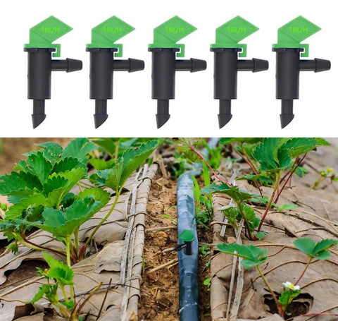 100 Pack 4 GPH Drip Irrigation Emitters with Flag Style Drippers for garden bedding, 16 LPH, fits 4mm and 7mm hose