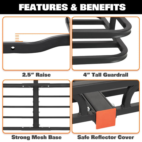 53 Inches by 19 Inches Hitch Cargo Carrier Basket With 500 Lb Capacity, detailed features include guardrail and mesh base