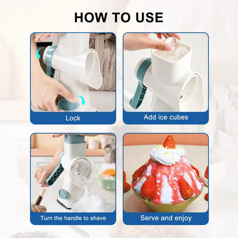 Manual Ice Shaver With 16 Stainless Steel Blades, Fast Shaving Rotary Snow Cone Machine steps with snow cone result