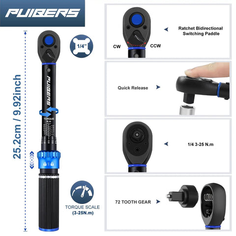 One Quarter Inch Torque Wrench For Bikes And More Dual Direction Precision Tool With 72 Tooth Drive 3 To 25 Newton Meters 22.6 To 221.3 Inch Pounds Ideal For Bike Motorcycle And Car Repairs., 1/4-inch ratchet head with quick-release and torque scale, black and blue