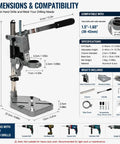 Adjustable Drill Press Stand For Hand Drill Benchtop Workstation dimensions and compatibility layout with metal base and depth control scale.