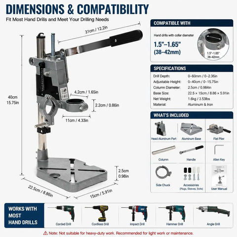 Adjustable Drill Press Stand For Hand Drill Benchtop Workstation dimensions and compatibility layout with metal base and depth control scale.