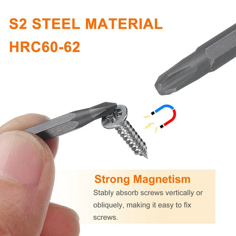 Close-up of PH bit from 12 Pc Magnetic Phillips Screwdriver Bit Set PH2 Through PH0000 showing magnetic feature and S2 steel material