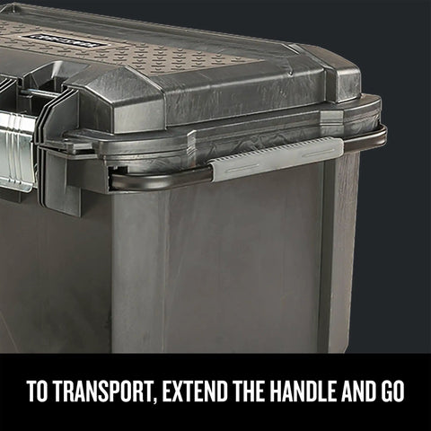 Rolling Tool Box With Wheels Lockable Black Plastic Chest For On The Go Pros showing extendable handle detail