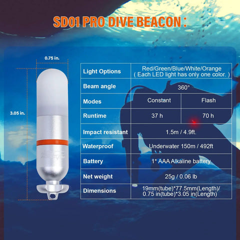 Upgraded Dive Signal Light Bright Red Submersible Mini Tank Marker Beacon With Constant And Slow Flash Modes dimensions chart.
