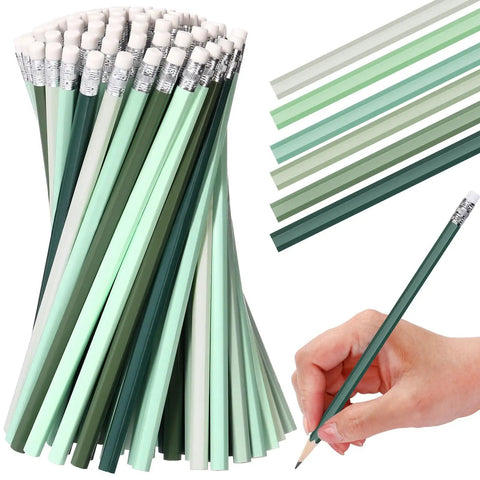 60 Pcs HB Pencils No 2 Unsharpened Wood Cased Pencils With Erasers Hexagonal Green Barrel Red Erasers Perfect For School Office Sketching And Learning Ideal For Students Teachers Artists And Everyday Use in various shades of green with erasers.