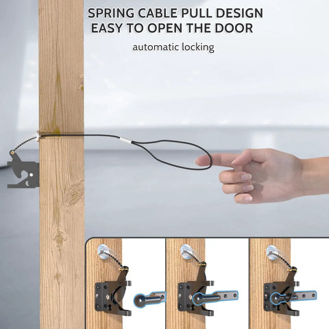 Heavy Duty Self Latching Gate Hook With Spring Release Cable, carbon steel latch on wood, demonstrating easy pull design.
