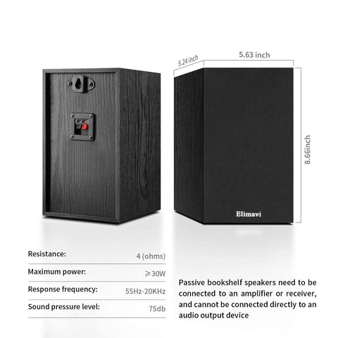 Passive Bookshelf Speakers With 4 Inch Woofer And 1 Inch Silk Tweeter, 2 Way Design Delivers Punchy Mid Bass And Crisp Highs, 60 Hz Bass, Ideal For Home Office And Theater, Black, External Amplifier Required, back and side view