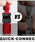 Comparison of quick-connect features on Universal Air Coupler And Plug Kit With Quarter Inch Threads And 36 Aluminum Fittings For Air Compressors