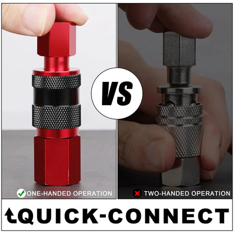 Comparison of quick-connect features on Universal Air Coupler And Plug Kit With Quarter Inch Threads And 36 Aluminum Fittings For Air Compressors