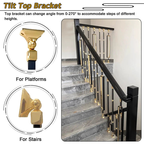 Adjustable Black Stair Railing Spindles Built Like A Tank For No Fuss Mounting Square Aluminum Baluster Posts Heavy Duty Balcony Fence Support Straight Up Durable Total Knockout Build, showing tilt top brackets for stair railings.