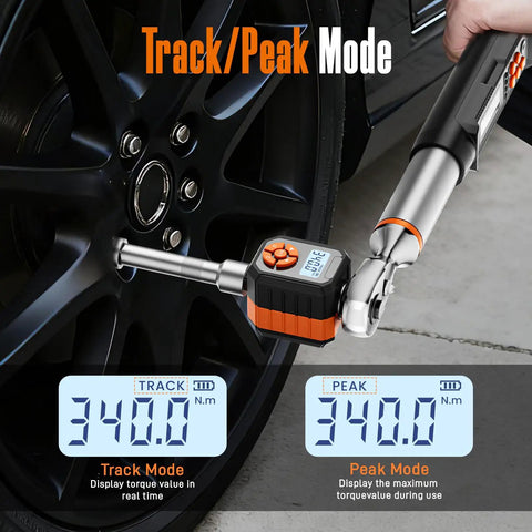 Half Inch Digital Torque Wrench Adapter Set With Buzzer And LED Indicator, 17 To 340 Newton Meters, 12.54 To 250.8 Foot Pounds, Electronic Torque Adapter For Automotive Motorcycle And Car Repair, Precision Readouts, track and peak mode on wheel lug nut