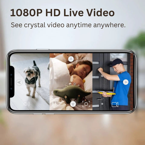 Indoor Security Camera For Home 360 Degree 1080P WiFi Baby And Pet Monitor with phone app showing dog, baby, delivery