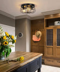 Industrial Black Flush Mount Ceiling Light 2 Light Farmhouse Fixture With Metal Cage Shade in a cozy kitchen setting.