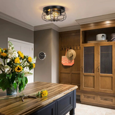 Industrial Black Flush Mount Ceiling Light 2 Light Farmhouse Fixture With Metal Cage Shade in a cozy kitchen setting.