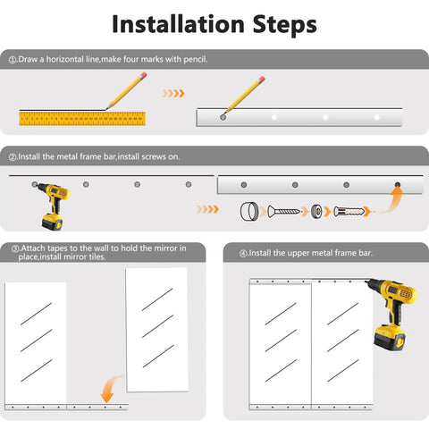 Illustration of installation steps for Wall Mounted Full Length Gym Mirror Set, 3-Piece 48 By 24 Inch Frameless Glass Body Mirror.