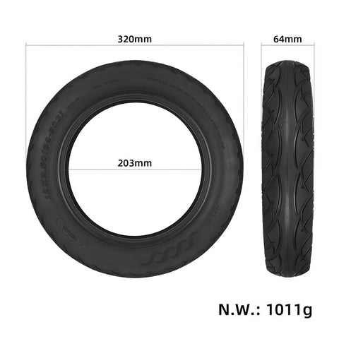 Heavy Duty 12x2.50 Vacuum Tire For Electric Scooters 320mm Outer Diameter, 64mm Wide, 203mm Inner Bore, shown with dimensions