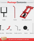 Package contents of Betisef 500 Lb Hydraulic Mower Lift Jack including cradles, handle, main lift body, and accessories.