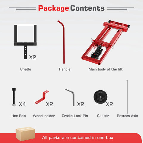 Package contents of Betisef 500 Lb Hydraulic Mower Lift Jack including cradles, handle, main lift body, and accessories.