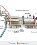 Straight Shooter Semi Automatic Double Head Bottle Filler Machine Pneumatic Stainless Steel 100 To 1000 Ml showing detailed components and controls.