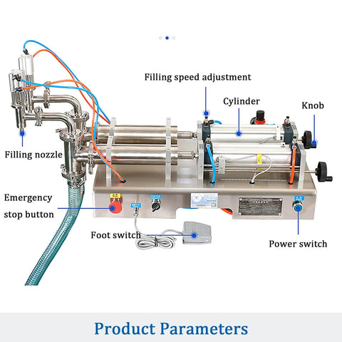 Straight Shooter Semi Automatic Double Head Bottle Filler Machine Pneumatic Stainless Steel 100 To 1000 Ml showing detailed components and controls.