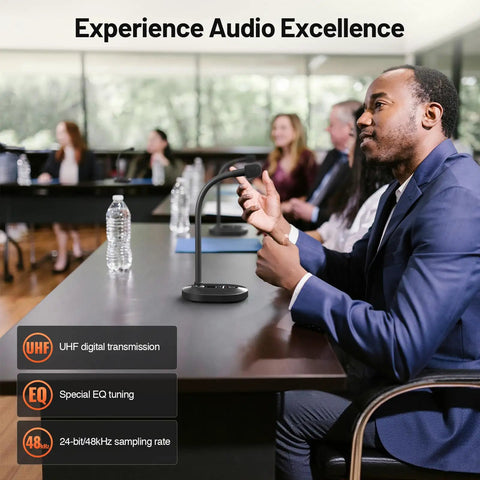 Man speaking into 4 Channel UHF Wireless Conference Microphone System With 4 Gooseneck Mics Up To 200 Feet Range Crystal Clear 24 Bit Audio